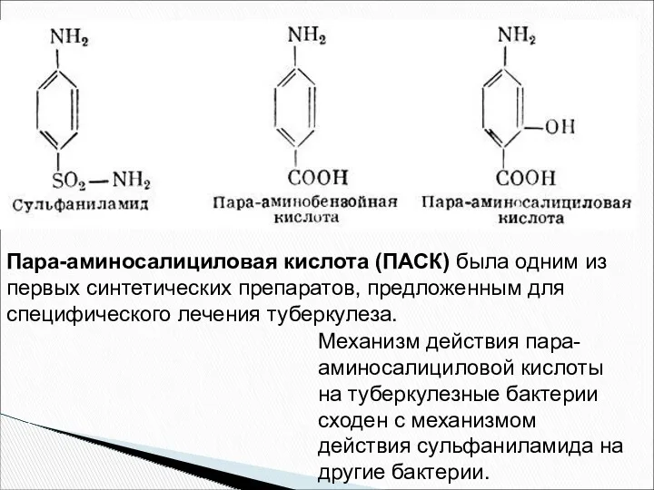 Пара-аминосалициловая кислота (ПАСК) была одним из первых синтетических препаратов, предложенным для специфического лечения