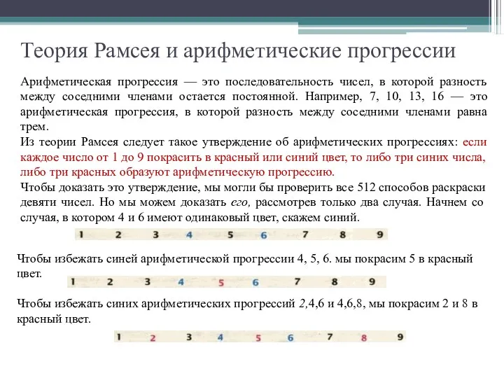 Теория Рамсея и арифметические прогрессии Арифметическая прогрессия — это последовательность