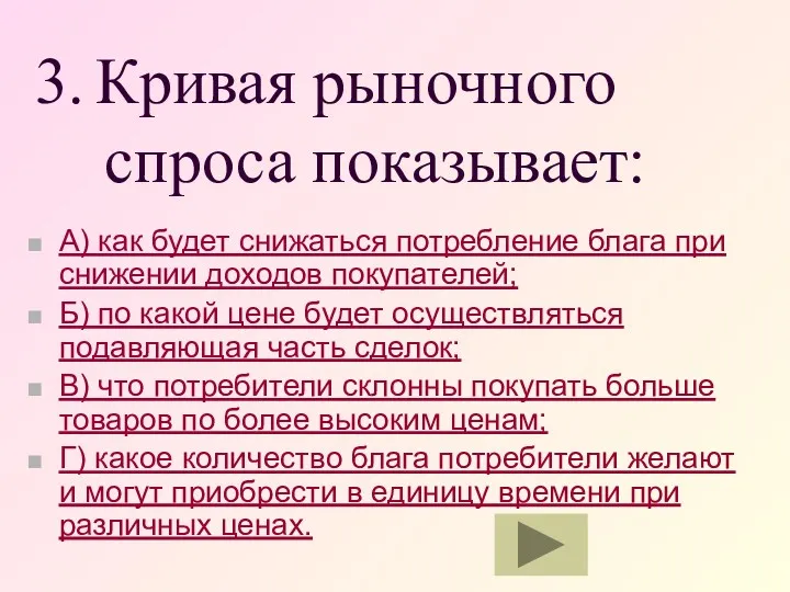 3. Кривая рыночного спроса показывает: А) как будет снижаться потребление