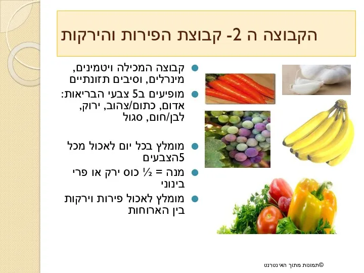הקבוצה ה 2- קבוצת הפירות והירקות קבוצה המכילה ויטמינים, מינרלים, וסיבים תזונתיים מופיעים