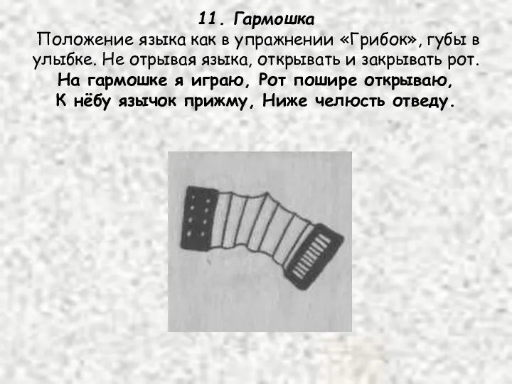 11. Гармошка Положение языка как в упражнении «Грибок», губы в