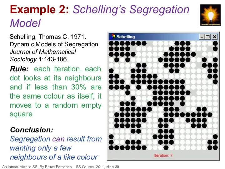 Example 2: Schelling’s Segregation Model Schelling, Thomas C. 1971. Dynamic Models of Segregation.