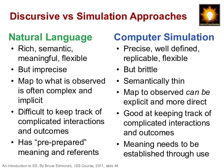 Discursive vs Simulation Approaches Rich, semantic, meaningful, flexible But imprecise Map to what
