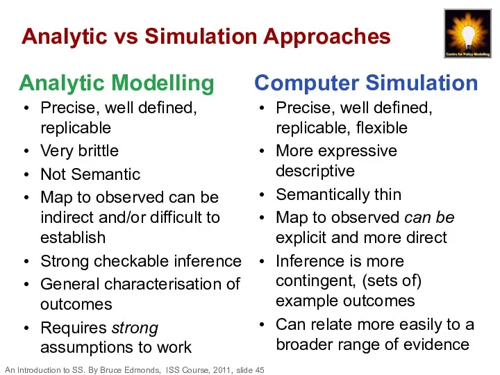 Analytic vs Simulation Approaches Precise, well defined, replicable Very brittle Not Semantic Map