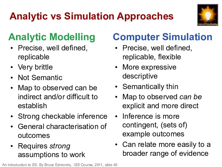 Analytic vs Simulation Approaches Precise, well defined, replicable Very brittle