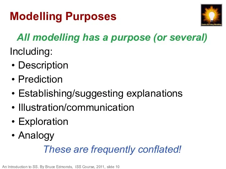 Modelling Purposes All modelling has a purpose (or several) Including: Description Prediction Establishing/suggesting