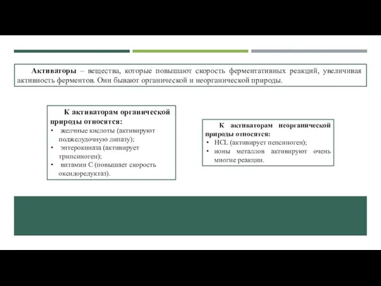 Активаторы – вещества, которые повышают скорость ферментативных реакций, увеличивая активность