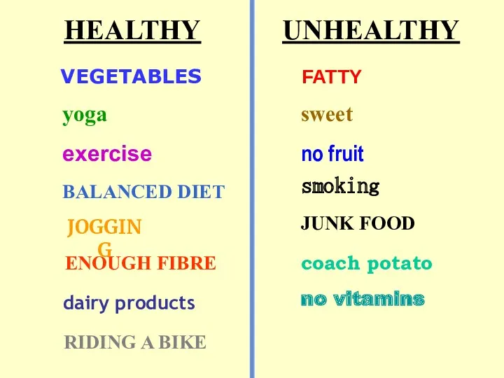 HEALTHY FATTY sweet no fruit smoking no vitamins JUNK FOOD coach potato VEGETABLES