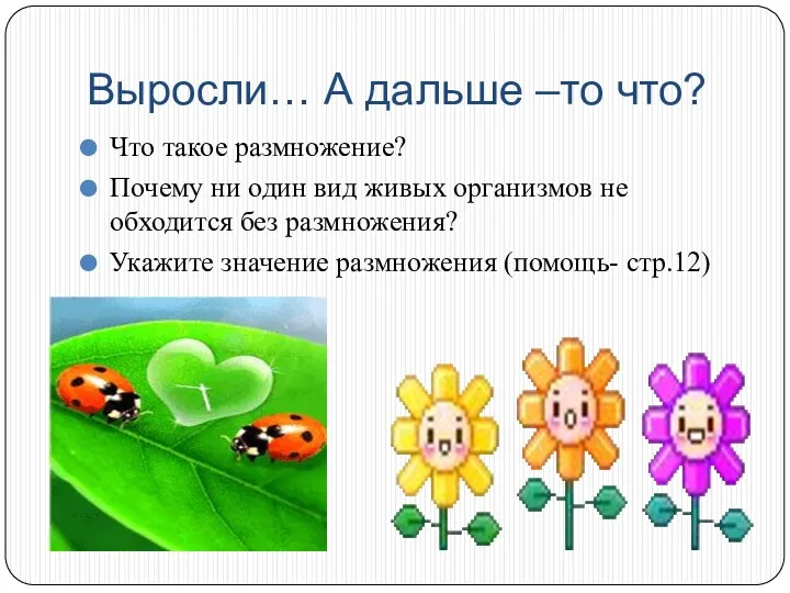 Выросли… А дальше –то что? Что такое размножение? Почему ни