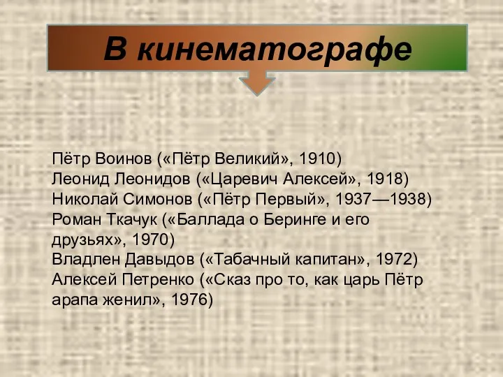 В кинематографе Пётр Воинов («Пётр Великий», 1910) Леонид Леонидов («Царевич