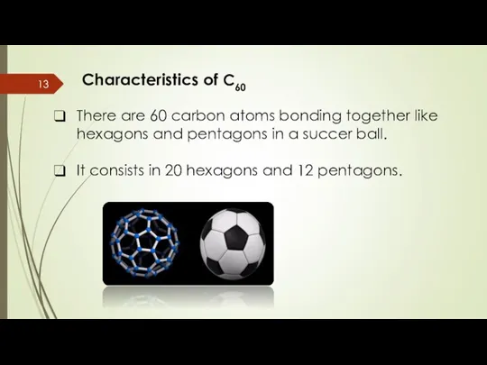 Characteristics of C60 There are 60 carbon atoms bonding together