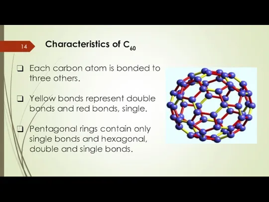 Characteristics of C60 Each carbon atom is bonded to three