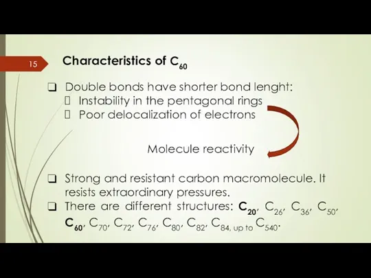 Characteristics of C60 Double bonds have shorter bond lenght: Instability