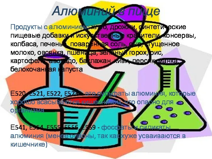 Алюминий в пище Продукты с алюминием: хлеб, дрожжи, синтетические пищевые