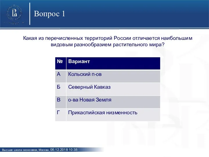 Вопрос 1 Какая из перечисленных территорий России отличается наибольшим видовым разнообразием растительного мира?