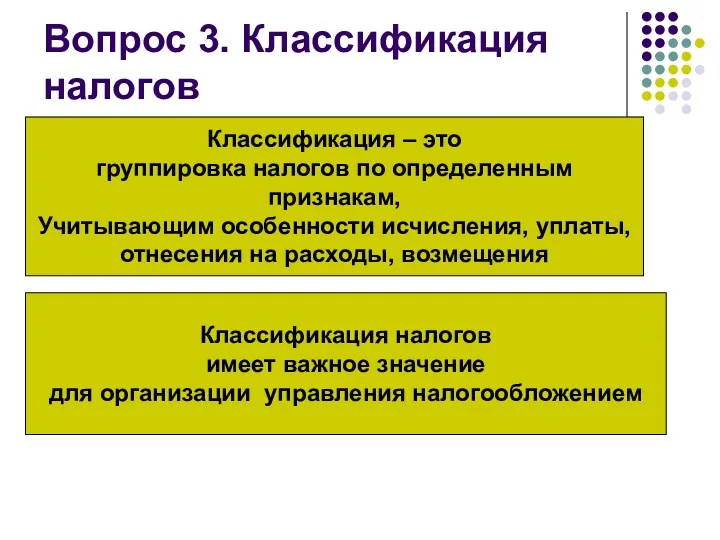 Вопрос 3. Классификация налогов Классификация – это группировка налогов по