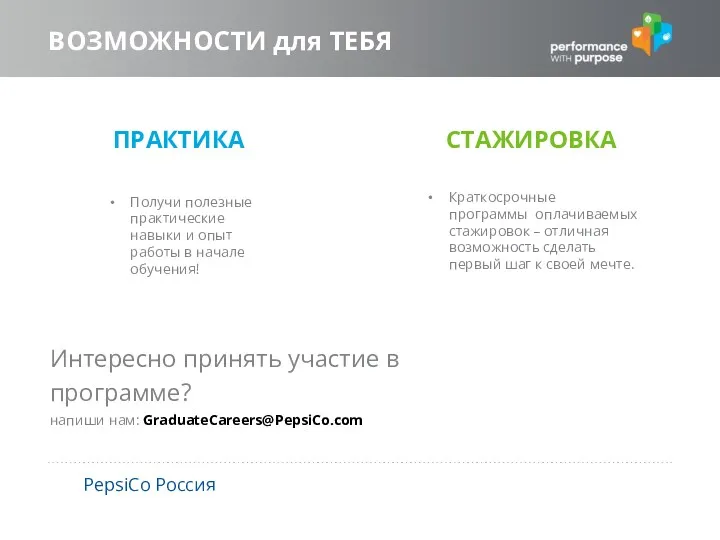 Интересно принять участие в программе? напиши нам: GraduateCareers@PepsiCo.com ВОЗМОЖНОСТИ для ТЕБЯ PepsiCo Россия