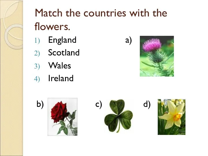 Match the countries with the flowers. England a) Scotland Wales Ireland b) c) d)