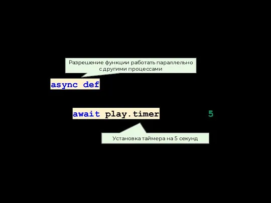 Установка таймера async def game(): … await play.timer(seconds=5) … Разрешение