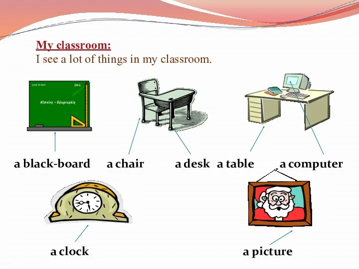 My classroom: I see a lot of things in my classroom. a black-board