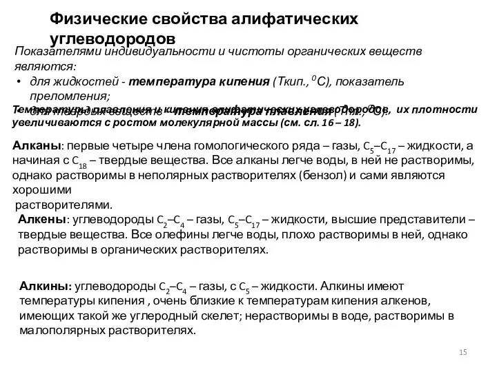 Физические свойства алифатических углеводородов Показателями индивидуальности и чистоты органических веществ