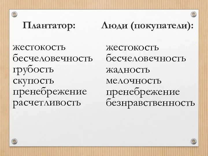 Плантатор: Люди (покупатели): жестокость бесчеловечность грубость скупость пренебрежение расчетливость жестокость бесчеловечность жадность мелочность пренебрежение безнравственность