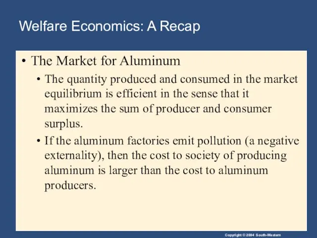Welfare Economics: A Recap The Market for Aluminum The quantity