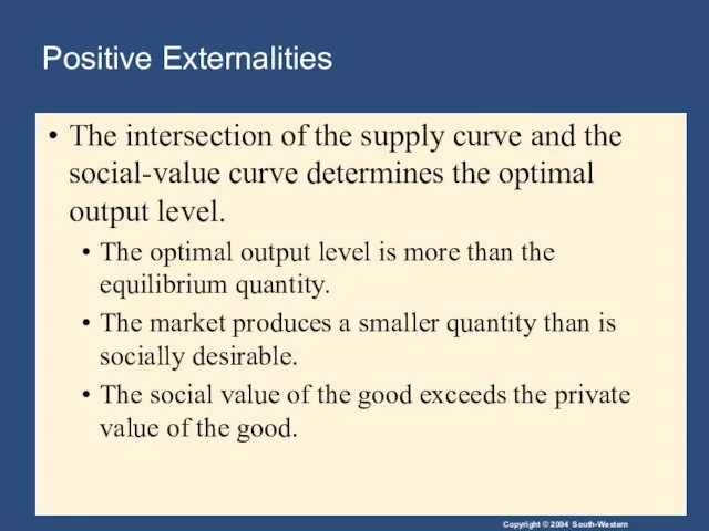 Positive Externalities The intersection of the supply curve and the