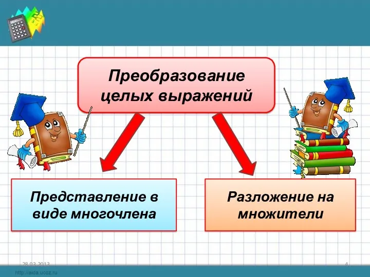 28.03.2013 Преобразование целых выражений Представление в виде многочлена Разложение на множители