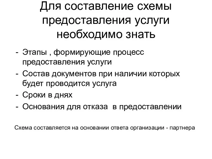 Для составление схемы предоставления услуги необходимо знать Этапы , формирующие