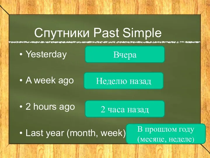 Спутники Past Simple Yesterday A week ago 2 hours ago Last year (month,