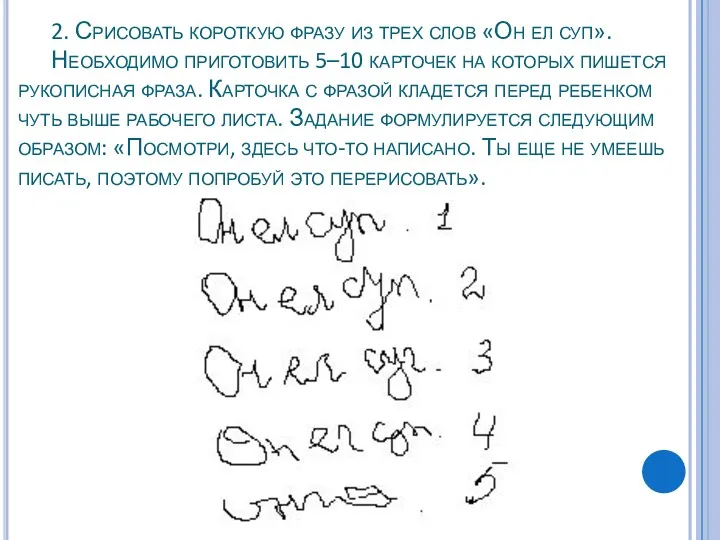 2. Срисовать короткую фразу из трех слов «Он ел суп».