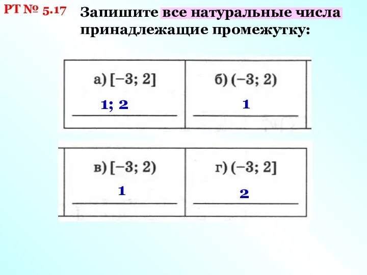 РТ № 5.17 Запишите все натуральные числа принадлежащие промежутку: 1; 2 1 1 2