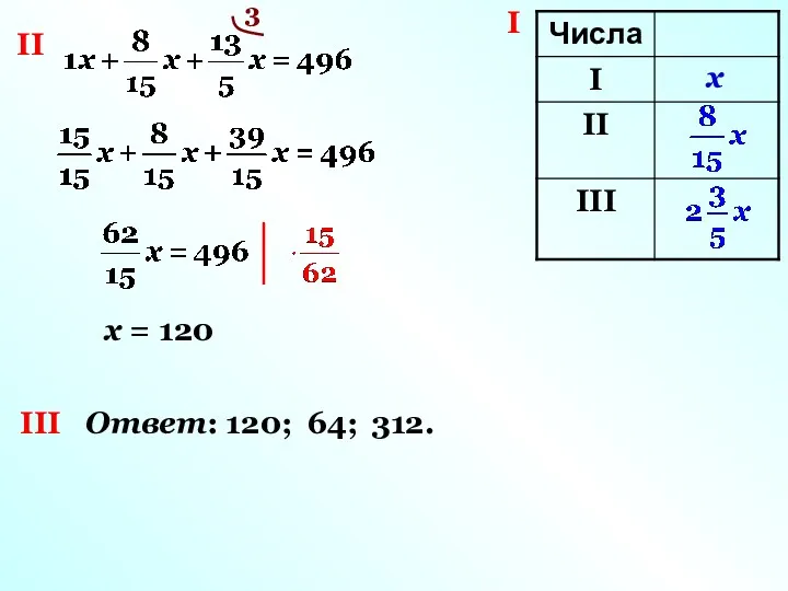 I x II 3 x = 120 III Ответ: 120; 64; 312.