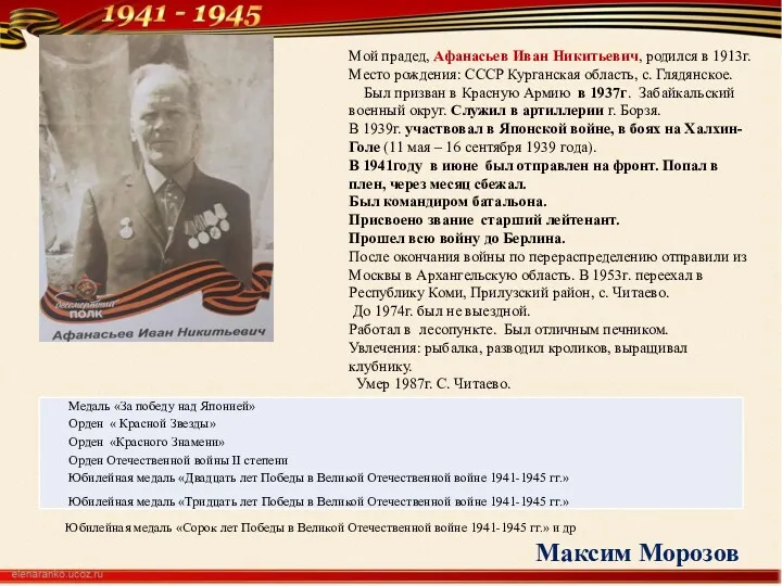 Мой прадед, Афанасьев Иван Никитьевич, родился в 1913г. Место рождения: СССР Курганская область,