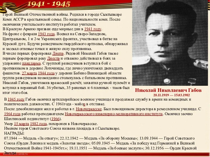 Николай Николаевич Габов 28.11.1919 — 15.03.1982 Герой Великой Отечественной войны. Родился в городе