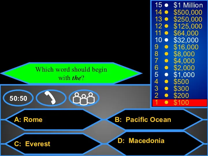 A: Rome C: Everest B: Pacific Ocean D: Macedonia 50:50