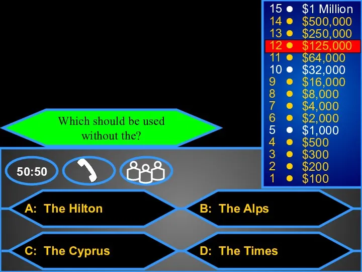 A: The Hilton C: The Cyprus B: The Alps D: The Times 50:50