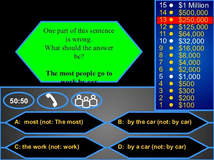 A: most (not: The most) C: the work (not: work) B: by the