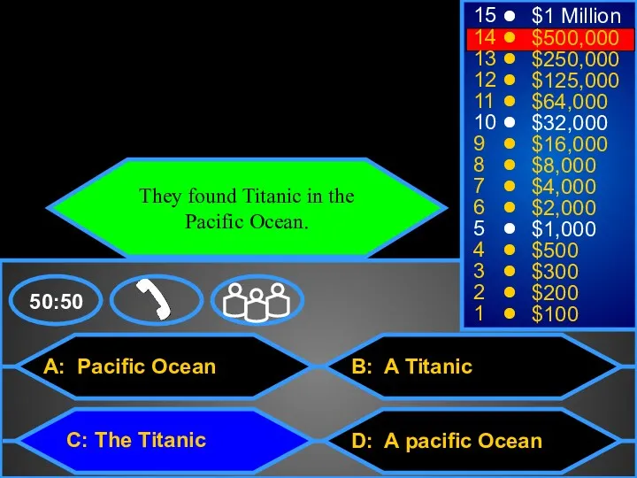 A: Pacific Ocean C: The Titanic B: A Titanic D: A pacific Ocean