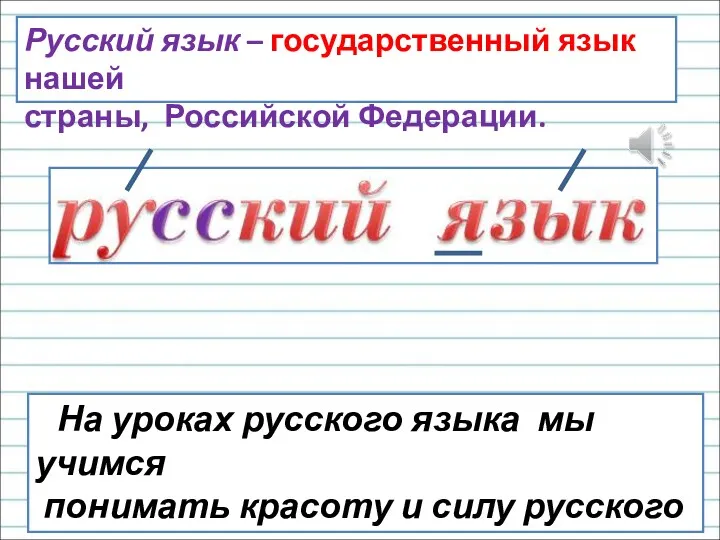 Русский язык – государственный язык нашей страны, Российской Федерации. На