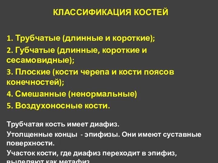 КЛАССИФИКАЦИЯ КОСТЕЙ 1. Трубчатые (длинные и короткие); 2. Губчатые (длинные,