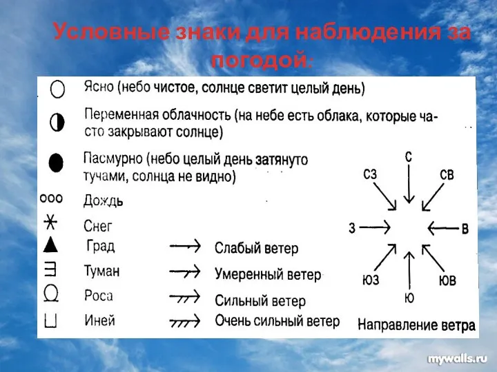 Условные знаки для наблюдения за погодой: