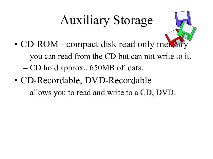 Auxiliary Storage CD-ROM - compact disk read only memory you