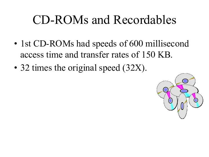 CD-ROMs and Recordables 1st CD-ROMs had speeds of 600 millisecond