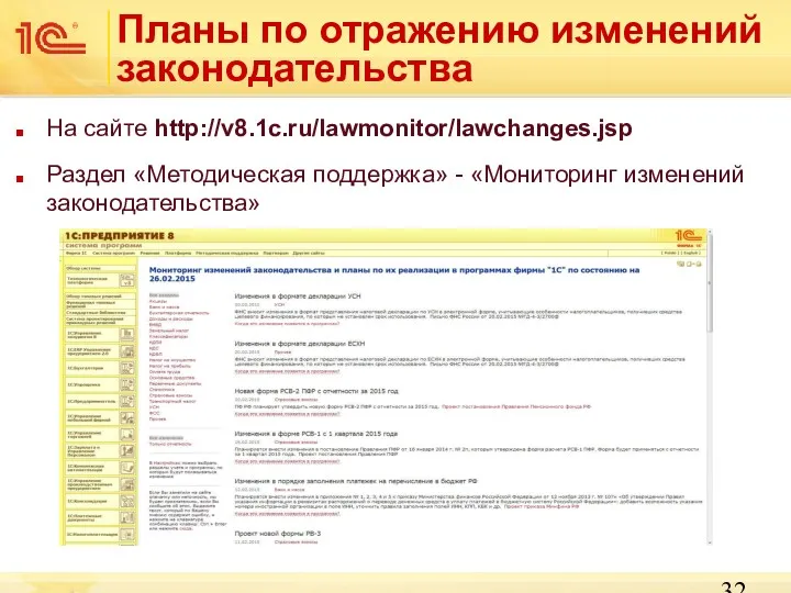 Планы по отражению изменений законодательства На сайте http://v8.1c.ru/lawmonitor/lawchanges.jsp Раздел «Методическая поддержка» - «Мониторинг изменений законодательства»