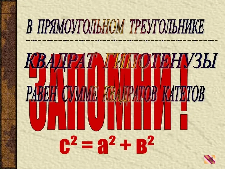 ЗАПОМНИ ! КВАДРАТ ГИПОТЕНУЗЫ РАВЕН СУММЕ КВАДРАТОВ КАТЕТОВ с² = а² + в² В ПРЯМОУГОЛЬНОМ ТРЕУГОЛЬНИКЕ