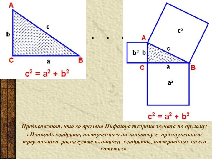 Предполагают, что во времена Пифагора теорема звучала по-другому: «Площадь квадрата,