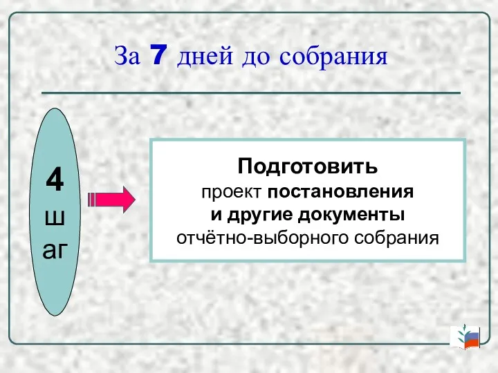 За 7 дней до собрания 4 шаг Подготовить проект постановления и другие документы отчётно-выборного собрания