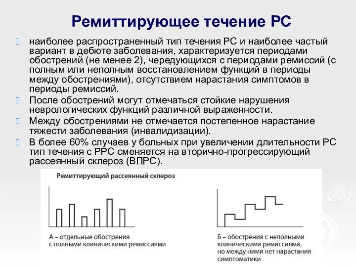 Ремиттирующее течение РС наиболее распространенный тип течения РС и наиболее